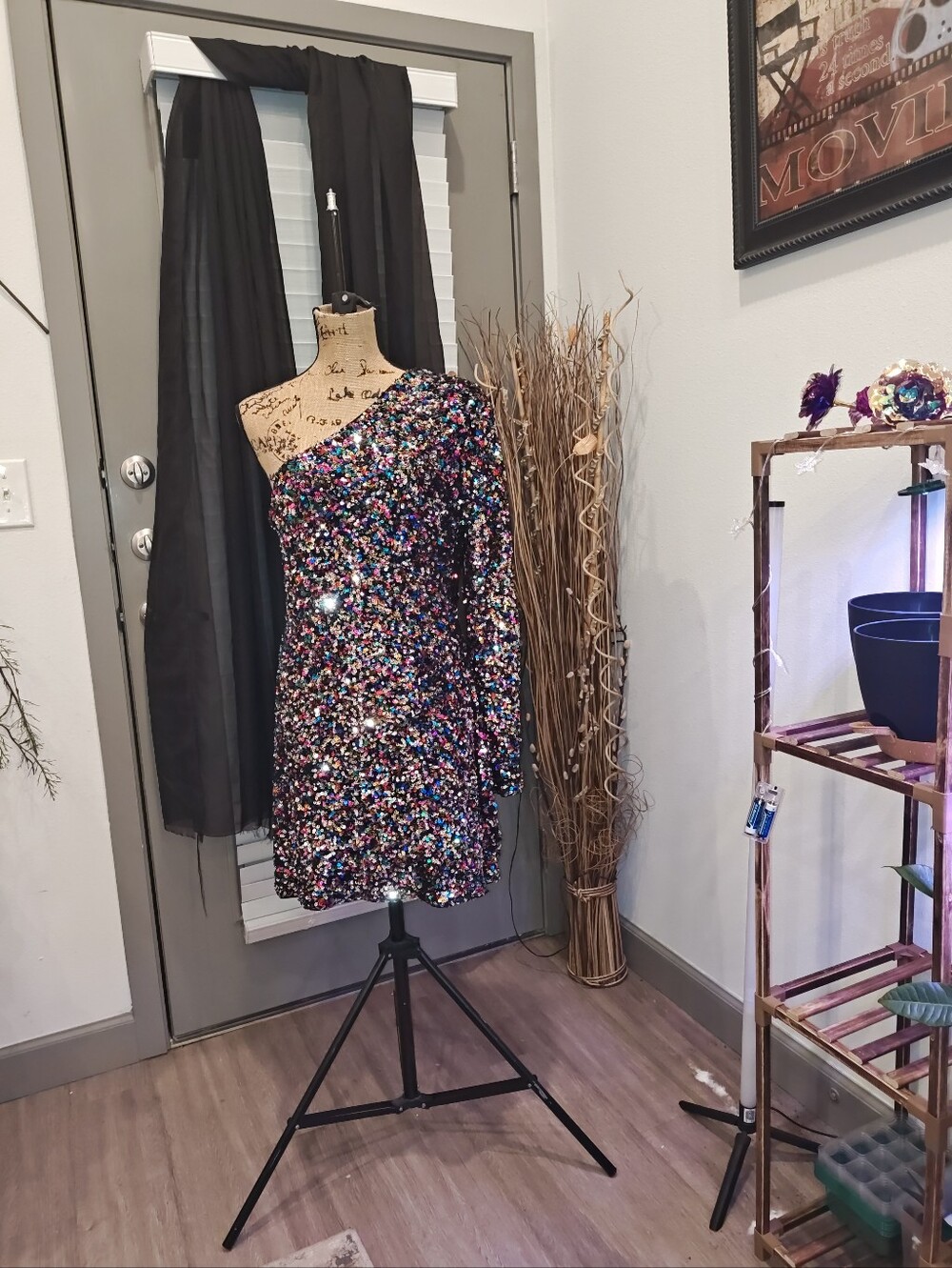 One-Shoulder Multicolor Sequin Party Dress - Black Base